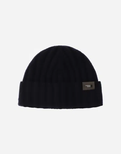 Herno Cashmere And Alcantara Beanie In Dark Blue