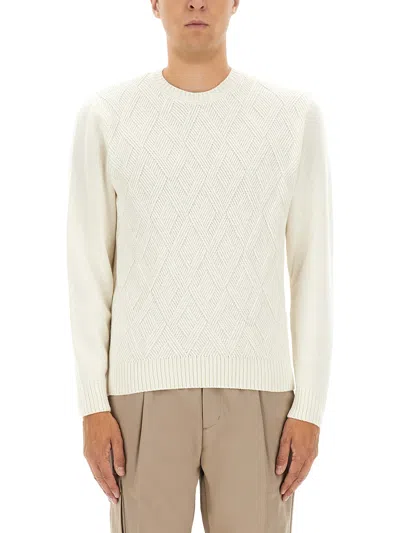 Herno Textured Knit Cashmere Sweater With Diamond Pattern In White