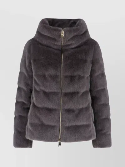 Herno Casual Faux Fur High Collar Jacket In Black