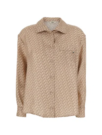 Herno Women Beige Silk Shirt With All-over Print And Wide Collar Woman In Multi