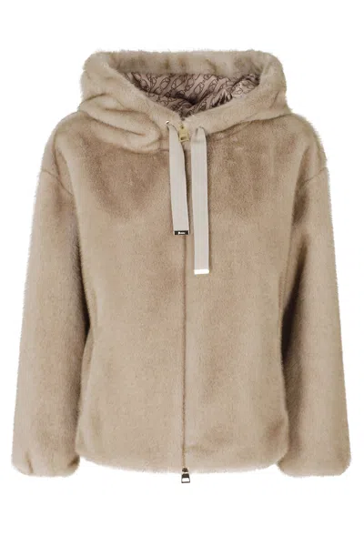 Herno Chantilly High Crew Neck Hooded Polyester Jacket In Neutral