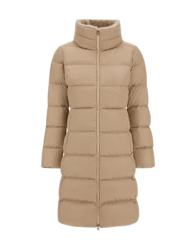 Herno Satin And Lady Alternative Fur Long Jacket In Brown