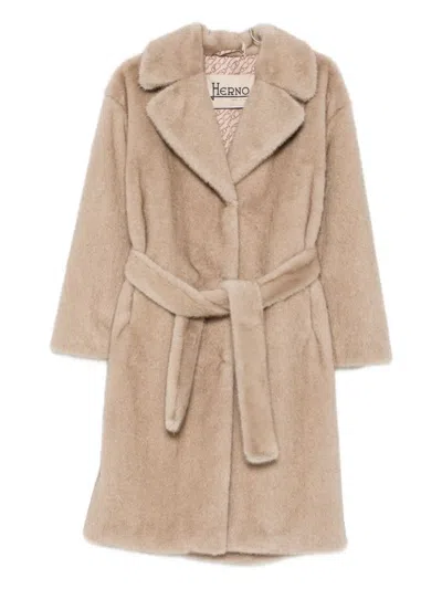 Herno Belted Single-breasted Coat In Neutral