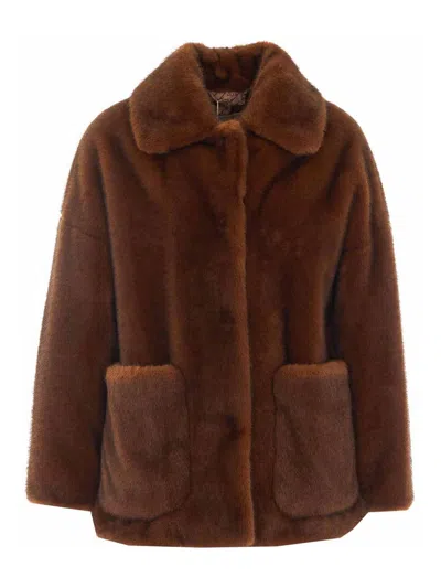Herno Cropped Faux Fur Jacket With Classic Shirt Collar In Brown