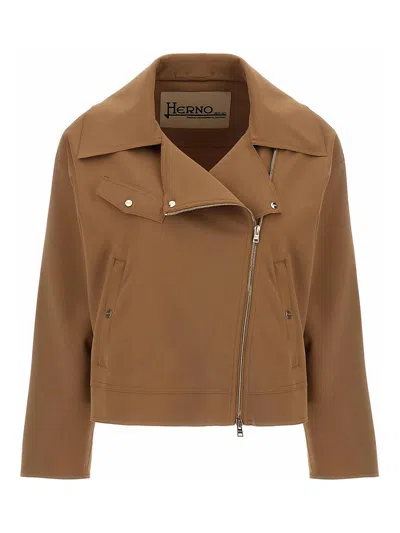 Herno Camel First Act Pef Stretch Jersey Biker Jack In Brown