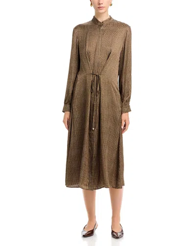 Herno Check Print Tie Waist Satin Dress In Brown