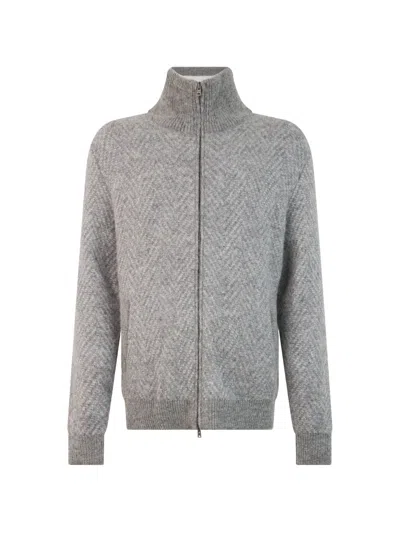 Herno Chevron-knit Zip-up Sweater In Gray