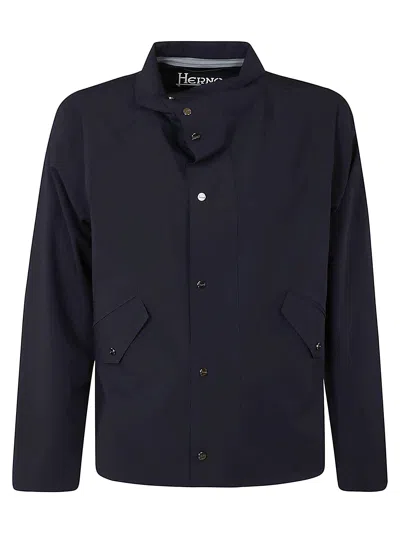 Herno Classic Side Pockets Buttoned Jacket In Blue Navy