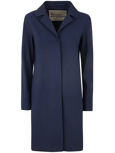 Herno Blue Coat With Concealed Closure And Collar In Stretch Polyamide Woman