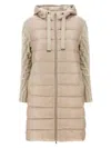 Herno Long Padded Hooded Jacket With Knitted Sleeves In Beige