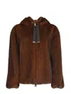 Herno Dark Brown Faux Fur Bomber Jacket With Custom Drawstring Hood In Brown