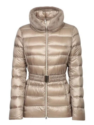 Herno Faux Fur-collar Belted Puffer Jacket In Beige