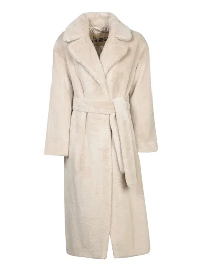 Herno Chantilly Ivory Long Soft Fur Coat In Beige