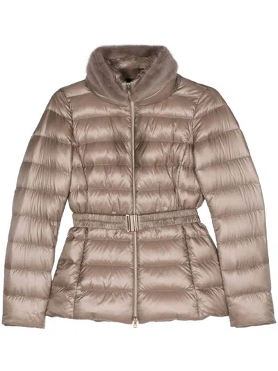 Herno Faux Fur-collar Belted Puffer Jacket In Grey