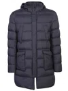 Herno Long Quilted Down Jacket With Hood And Flap Pockets In Blue