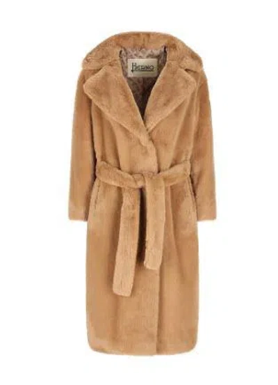 Herno Faux Fur Mid Length Coat In Brown