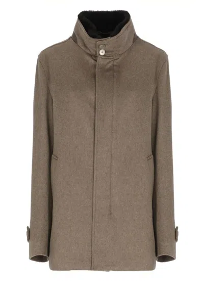 Herno Cashmere Coat With Fur High Neck In Brown