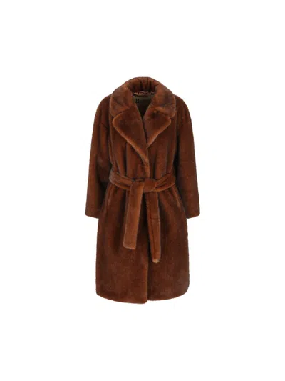 Herno Faux-fur Belted Coat In Brown