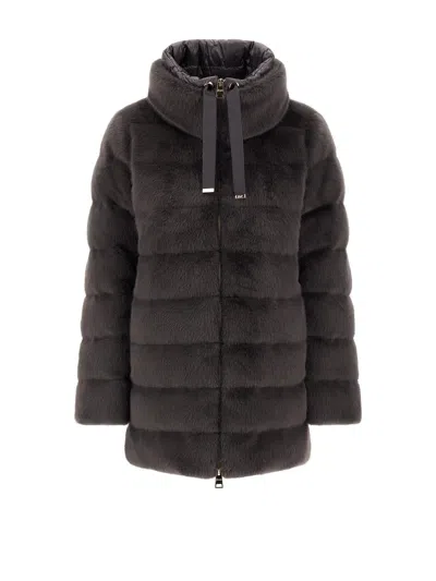 Herno Grey Down Jacket In Faux Fur With Hood In Brown