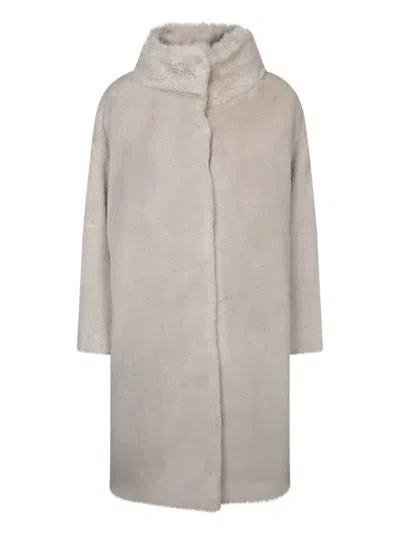 Herno Long Single-breasted Faux Fur Coat With High Neck In Gray