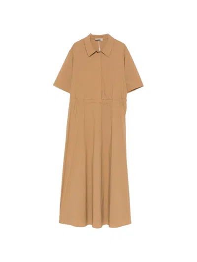 Herno Collared Gathered Midi Dress In Brown