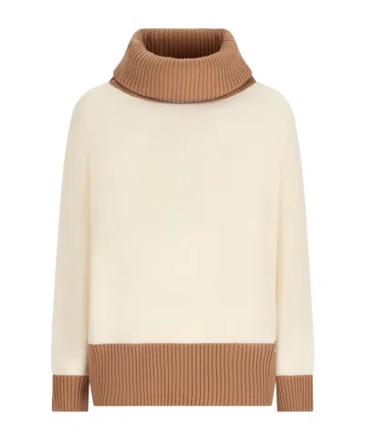 Herno Milky White Color-block Wool Turtleneck Sweater In Multi