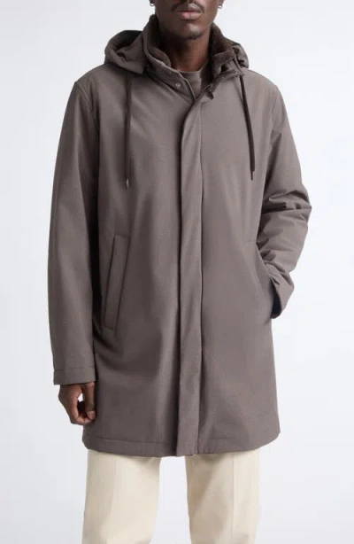 Herno Comfort Stretch Longline Parka With Removable Hood In Brown