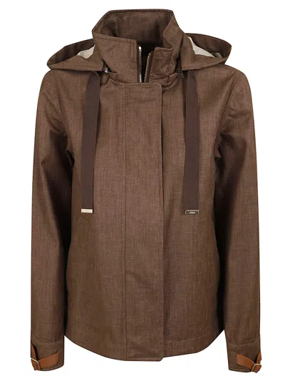 Herno Contemporary A-line Jacket With Detachable Hood And Leather Straps In Brown