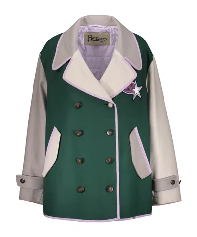 Herno Contrast Double-breasted Coat In Green
