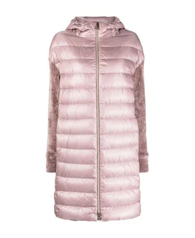 Herno Contrast-sleeve Padded Hooded Coat In Pink