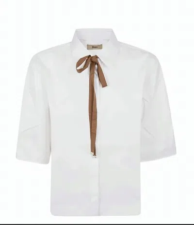 Herno Boxy White Poplin Shirt With Grosgrain Ribbon Tie In Black