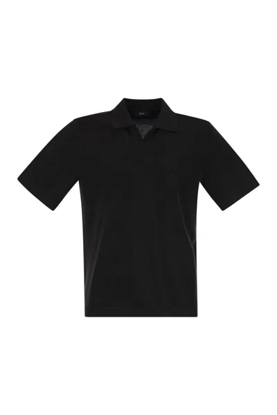 Herno Cotton Jersey Polo Shirt With Open Collar In Black
