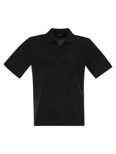 Herno Cotton Jersey Polo Shirt With Open Collar In Black