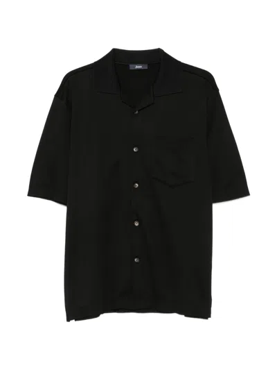 Herno Short-sleeved Jersey Shirt With Cuban Collar And Pocket In Black