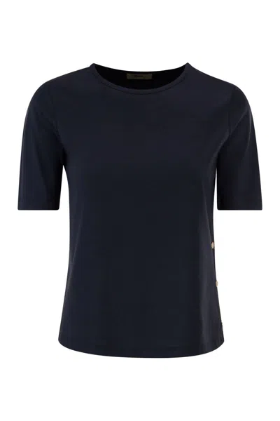 Herno Cotton T-shirt With Logo Buttons On The Sides In Blue