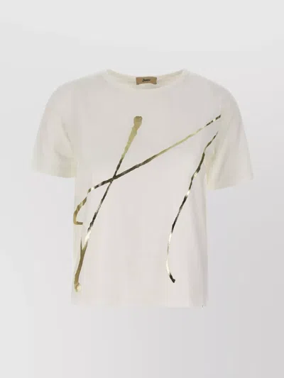 Herno Crew Neck Cotton T-shirt With Gold Graphic In White