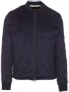 Herno Dark Blue Suede Bomber With Mandarin Collar In Blue