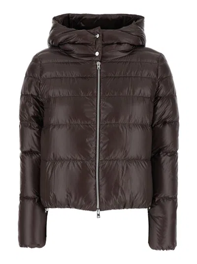 HERNO BROWN CROPPED DOWN JACKET WITH FIXED HOOD WITH SNAP BUTTONS IN TECH FABRIC WOMAN
