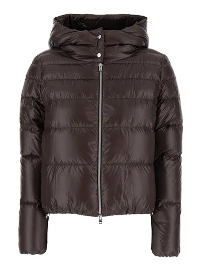 HERNO HERNO WOMEN BROWN CROPPED DOWN JACKET WITH FIXED HOOD WITH SNAP BUTTONS IN TECH FABRIC WOMAN