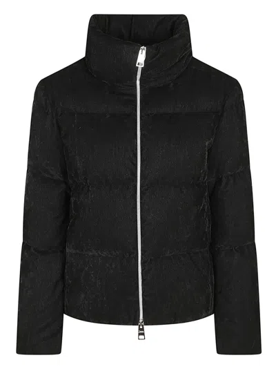 Herno Cropped Down Coat With Horizontal Quilting And High Stand Collar In Black