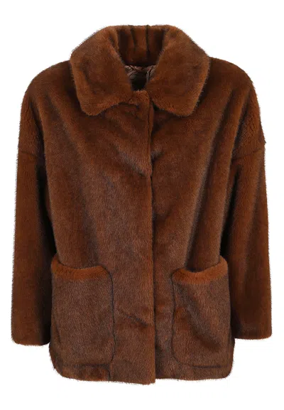 Herno Cropped Faux Fur Jacket With Classic Shirt Collar In Brown