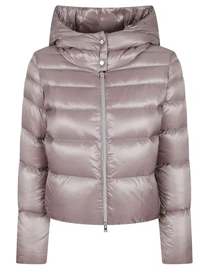 Herno Cropped Puffer Jacket With High Collar And Hood In Pink