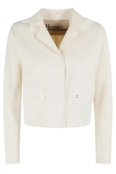 Herno Cropped Technical Fabric Jacket With Notched Collar In White