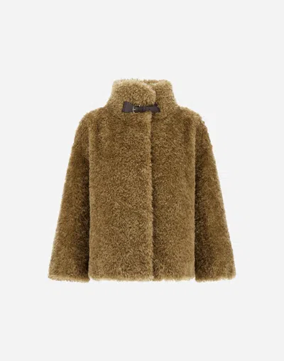 Herno Cape In Curly Alternative Fur In Brown