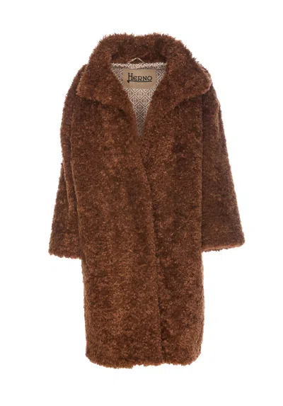 Herno Curly Faux Fur Coat In Marrón