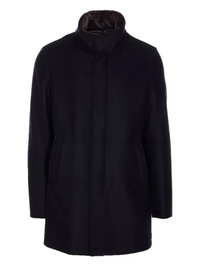 Herno Dark Blue Coat With Shearling Collar In Black