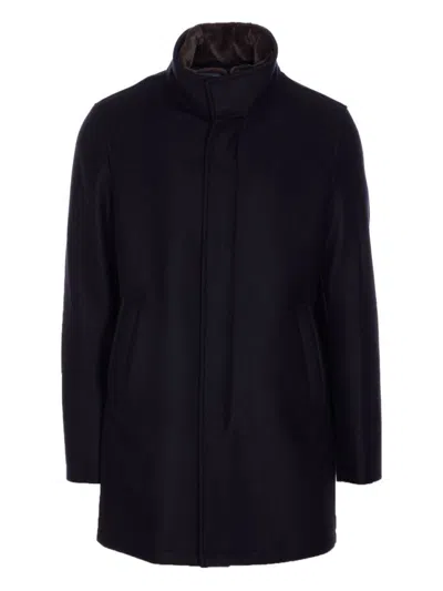 HERNO DARK BLUE COAT WITH SHEARLING COLLAR