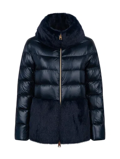 Herno Blue Ultralight Nylon And Lady Alternative Fur Cape In Black