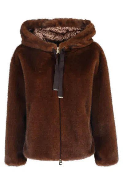 HERNO DARK BROWN FAUX FUR BOMBER JACKET WITH CUSTOM DRAWSTRING HOOD