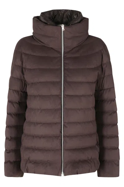 Herno Dark Brown High Neck Double-slider Zip Polyester Down Jacket In Black